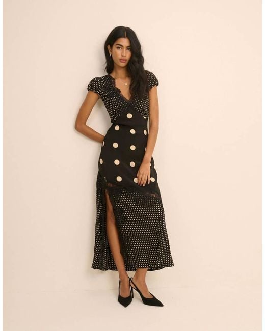 Nobody's Child Natural Polka Dot Lace Trim Satin Gloria Maxi Dress