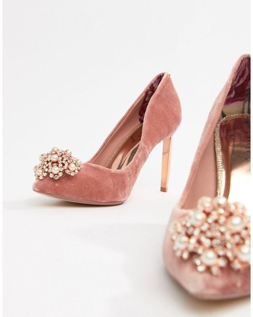 Ted Baker Pink Velvet Embellished Heeled Court Shoes