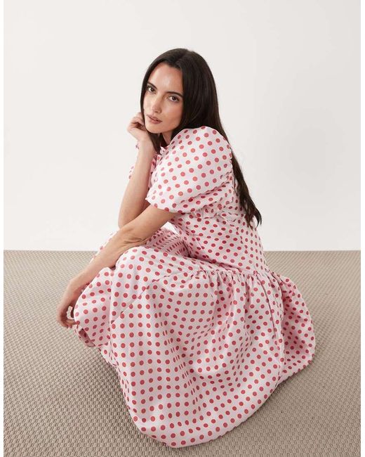 Sister Jane Pink Dream Polka Dot Jacquard Puff Sleeve Bubble Hem Midi Dress