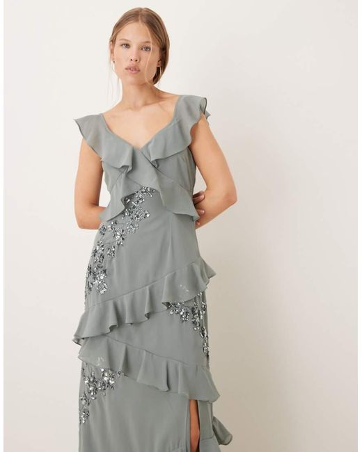 Maya Natural Embellished Strappy Ruffle Maxi Dress