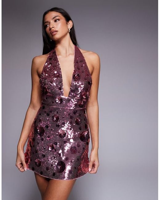 Oh Polly Purple Flower Sequin Halter Mini Dress