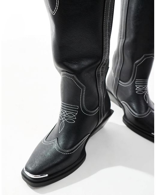 ASOS Black Curve – celeste – flache, kniehohe cowboystiefel