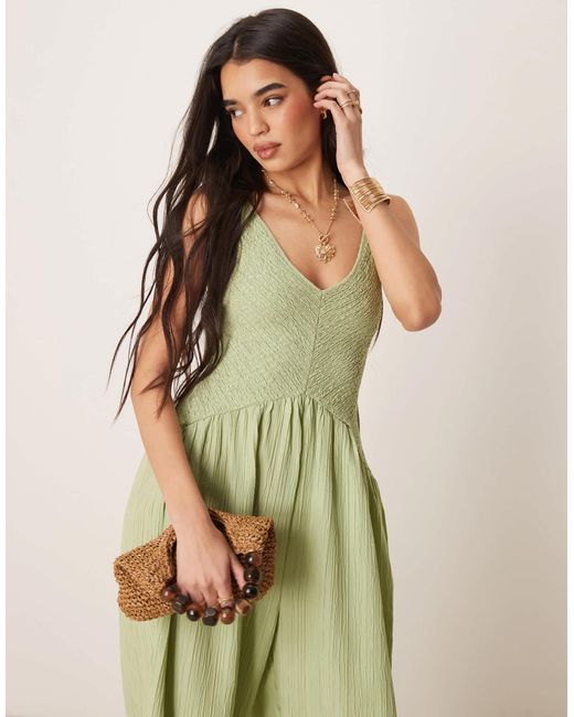 ASOS Green V Neck Poly Crinkle Dropped Waist Jumpsuit