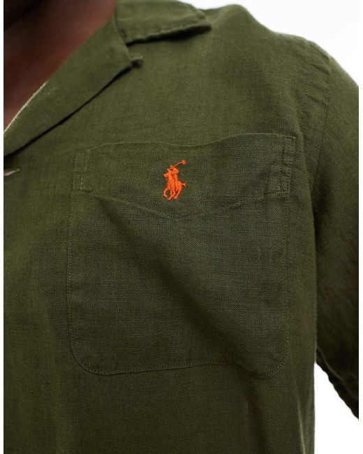 Polo Ralph Lauren Green Icon Logo Short Sleeve Revere Collar Linen Shirt Classic Oversized Fit for men