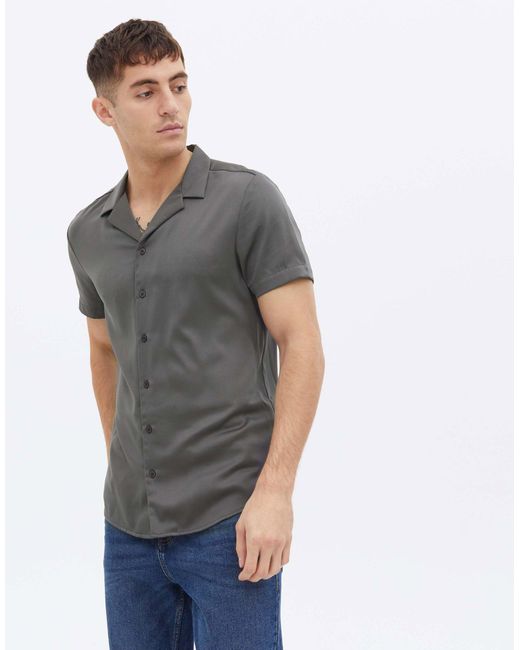 New Look Short Sleeve Satin Shirt With Revere Collar in Gray for Men - Lyst