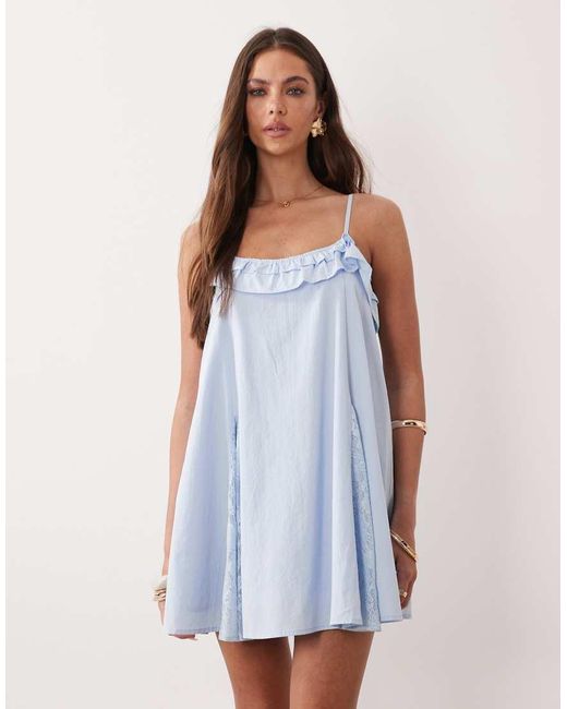 The Frolic Blue Exclusive Cotton Blend Lace Godet Frill Edge Cami Mini Dress