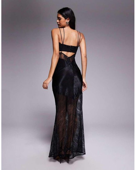 ASOS Blue Satin And Lace Mix Sheer Bodice Cami Maxi Dress