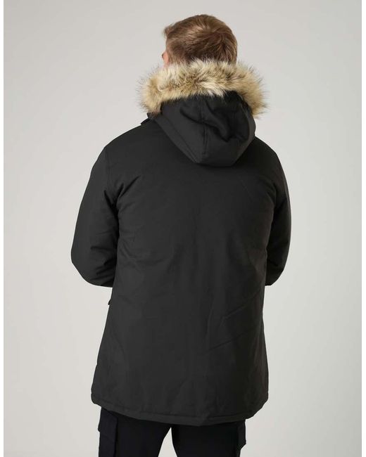 French Connection Black Faux Fur Hooded Parka Longline Zip-Through Jacket for men