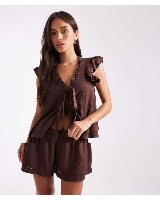 Miss Selfridge Brown Frill Detail Pyjama Short Set