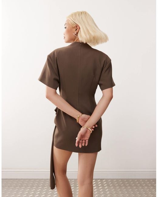 Lioness Natural Martini Structured High Neck Drape Waist Metal Hardware Detail Mini Dress