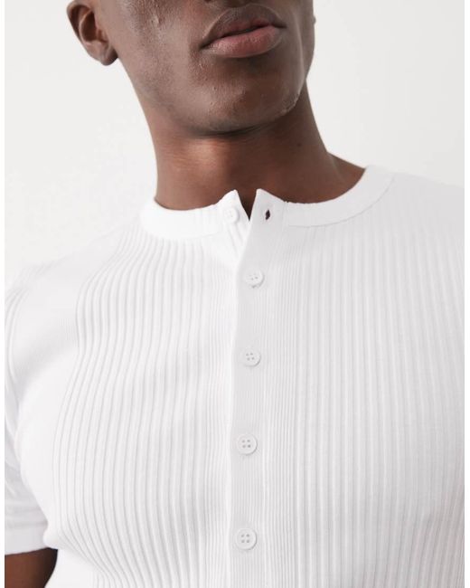 ASOS White Muscle Fit Smart Ribbed T-shirt With Henley Neck for men