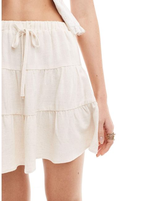 Stradivarius White Linen Look Tiered Mini Skirt