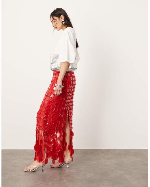 ASOS White Futurist Sequin Embellished Fringe Hem Maxi Skirt