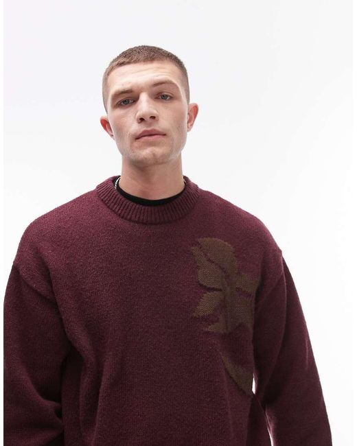 Topman Red Oversized Jumper With Floral Jacquard for men