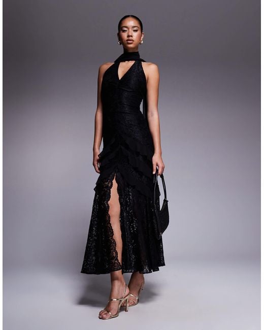 Forever New Blue – maxikleid mit schalkragen, rüschen und spitze