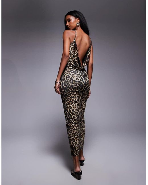 Public Desire Blue High Neck Cowl Back Maxi Dress Leopard