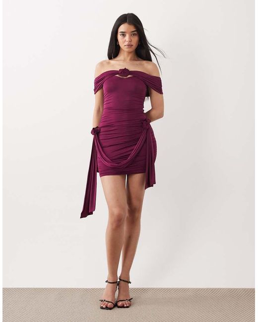 Oh Polly Purple Off Shoulder Rosette Ruched Bodycon Mini Dress With Drape Detail