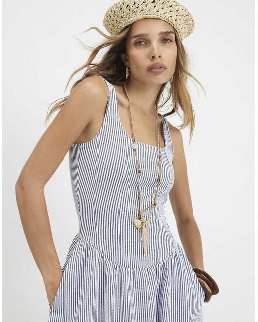 River Island Blue Cotton Blend Textured Stripe Midi Dress
