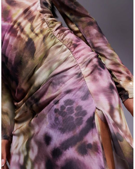 ASOS Purple Mesh Long Sleeve Frill Detail A Line Maxi Dress