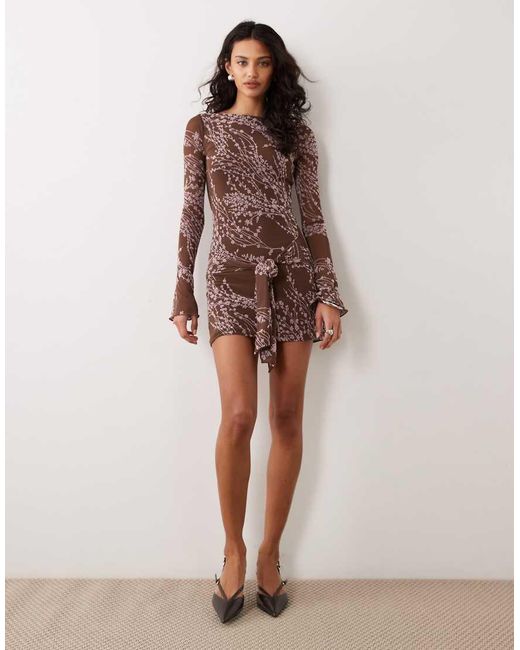 Motel Brown Salira Long Sleeve Tie Waist Mini Dress