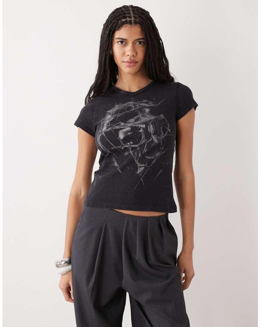 Weekday Blue Fleur V-neck Slim T-shirt