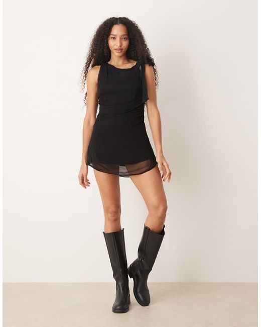 Vrg Grl Black Off The Shoulder Tie Detail Mesh Mini Dress