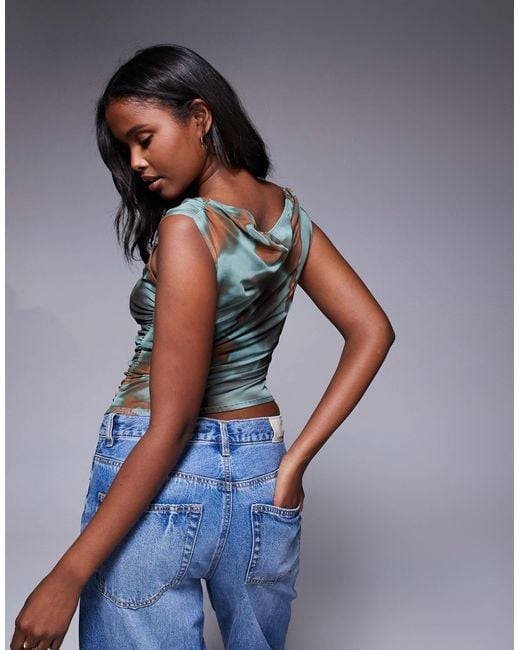 ASOS Blue Gathered Short Sleeve Off Shoulder Mesh Top