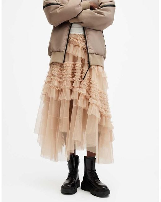 AllSaints Natural Jen Tulle Asymmetric Maxi Skirt,, Blush