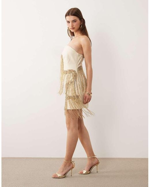 ASOS Natural Curved Bandeau Mini Dress With Gold Tassel Embellished Fringe