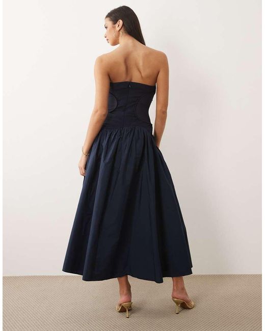 ASOS Blue Curved Neckline Sheer Paneled Midaxi Dress With Volume Structured Skirt