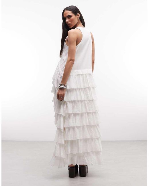 AllSaints White Cavarly Racer Back Asymmetric Ruffle Tiered Maxi Dress
