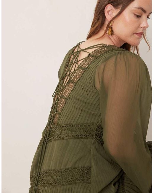 ASOS Green Asos Design Curve Long-sleeved Asymmetric Neckline Maxi Dress With Lace Trim