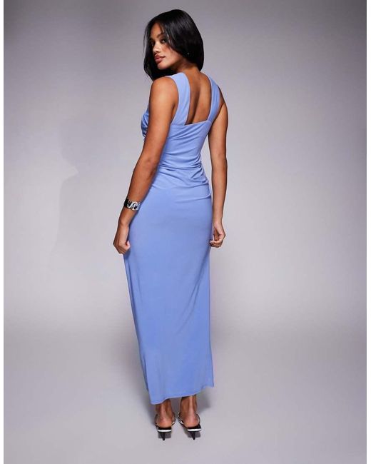 ASOS Blue Shaped Neckline Wide Strap With Draped Skirt Midi Dress