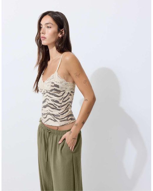 Stradivarius Green Animal Print Sequin Slim Fit Top