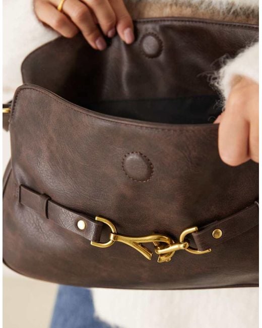 ASOS Brown Fold Over Flap Shoulder Bag With Hardware Detail