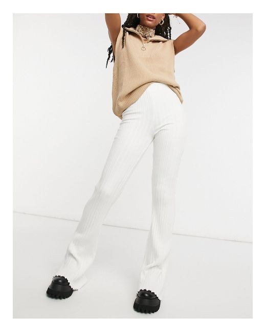 Bershka Cotton Ribbed Flare Trouser Co-ord in White - Lyst