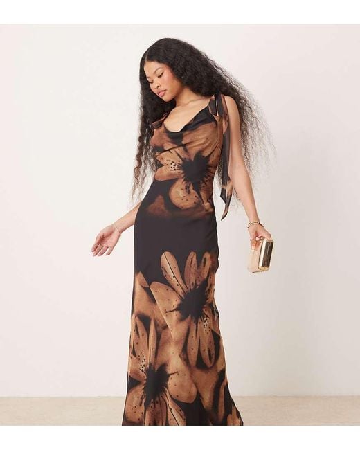 Miss Selfridge Brown Tie Shoulder Cowl Neck Slip Dress