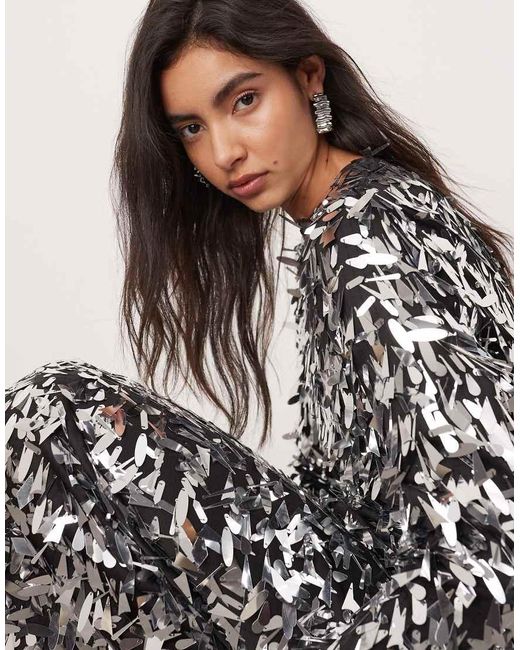 ASOS Metallic Embellished Shard Sequin Long Sleeve Maxi Dress With Contour Waist Detail