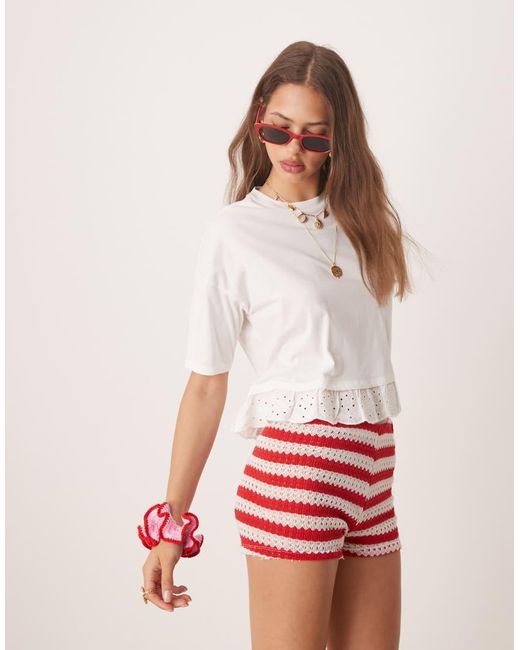 Miss Selfridge Red Broderie Hem Short Sleeve T-Shirt