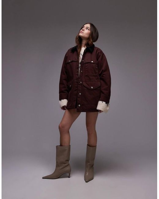 TOPSHOP Brown Denim Trucker Jacket With Contrast Cord Collar