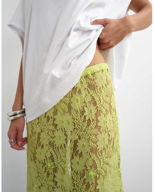 TOPSHOP Green Embellished Floral Lace Maxi Skirt