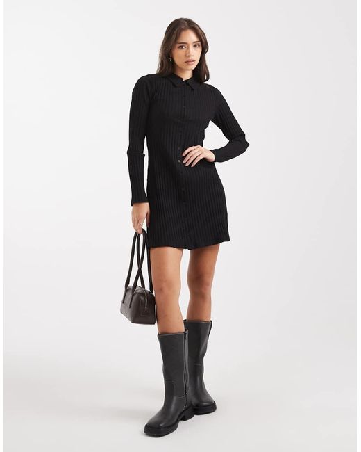Miss Selfridge Black Rib Polo Button Through Mini Dress