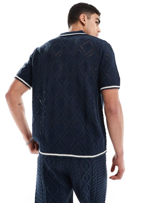 ASOS Blue Co-ord Knitted Spliced Cable And Pointelle Stitch Button Through Polo With Tipping for men