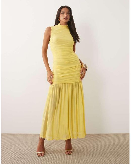 ASOS Yellow Ruched Drop Waist Circle Dress With Grown