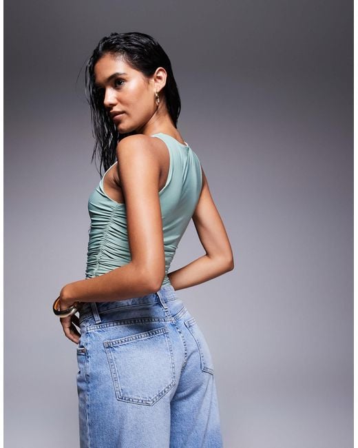 Kaiia Blue Exclusive Double Layered Slinky Ruched Drape Detail Top