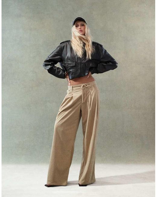 Lioness Green Corduroy Slouchy Low Rise Tie Detail Wide Leg Trousers