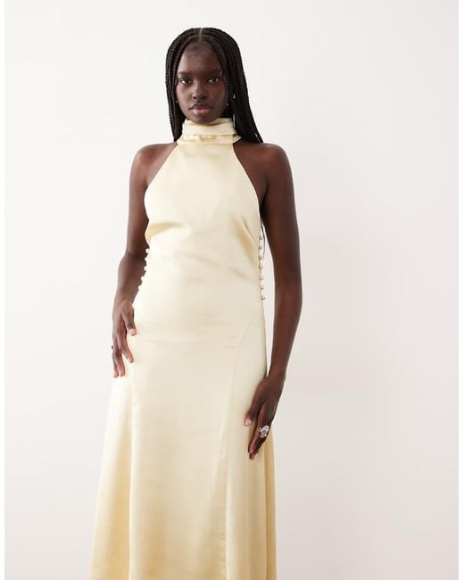 Pretty Lavish Natural Satin High Neck Cut Out Back Midaxi Dress