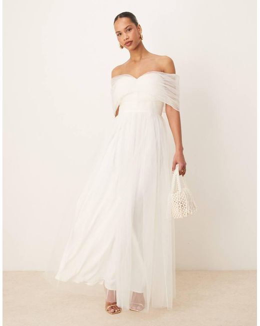 LACE & BEADS Natural Bow Off Shoulder Tulle Maxi Dress