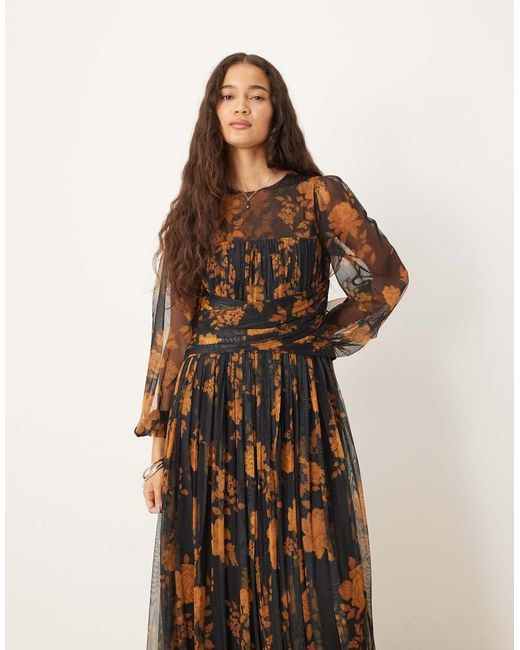ANAYA Natural Floral Long Sleeve Gathered Maxi Dress
