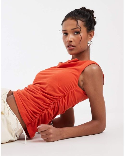 & Other Stories Red Pure Cotton Sleeveless Drapey Top